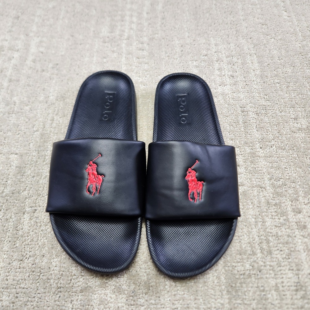 Polo Ralph Lauren Cayson Slides Mens 9 Black Red Pony Logo Sandals 816829740001